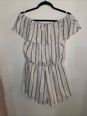She + Sky White with Navy Stripe Off-Shoulder Tunic Romper